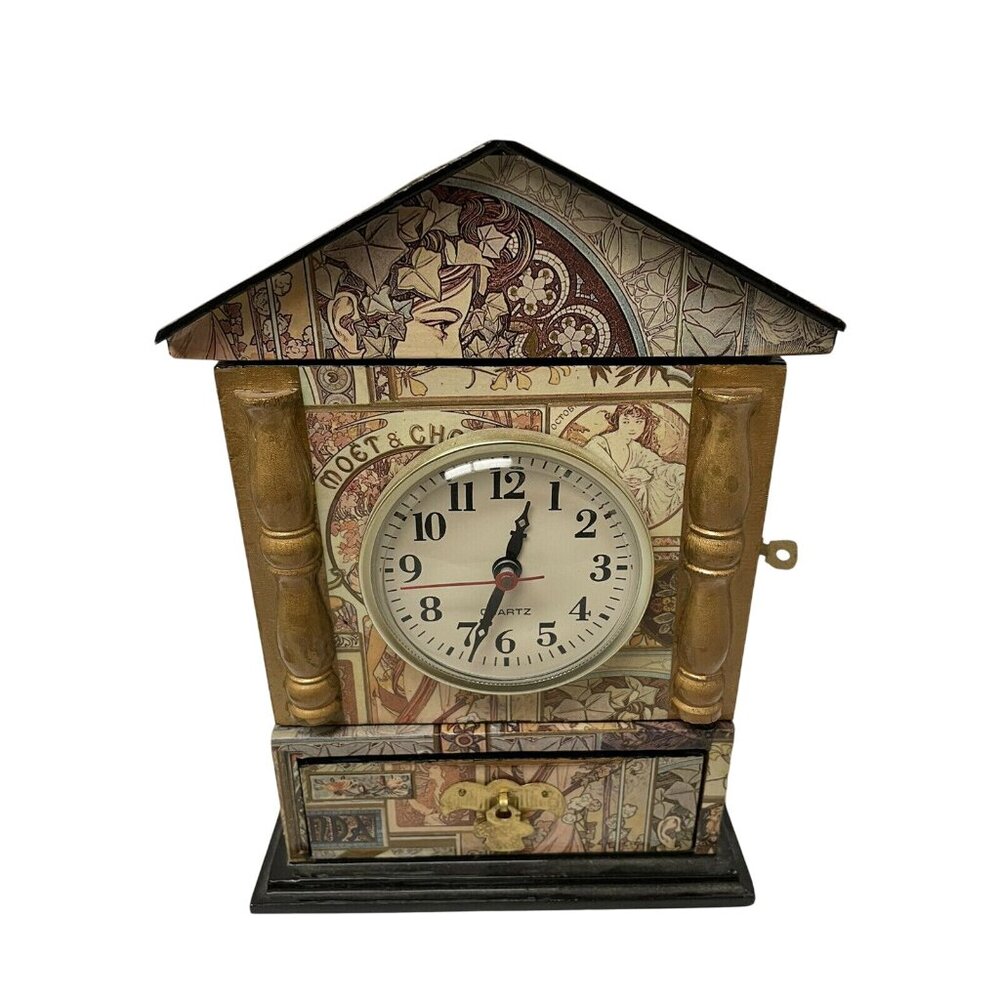 Vintage Monet & Chandon Quartz Desk Clock With Art Nouveau Design  Hidden Storag